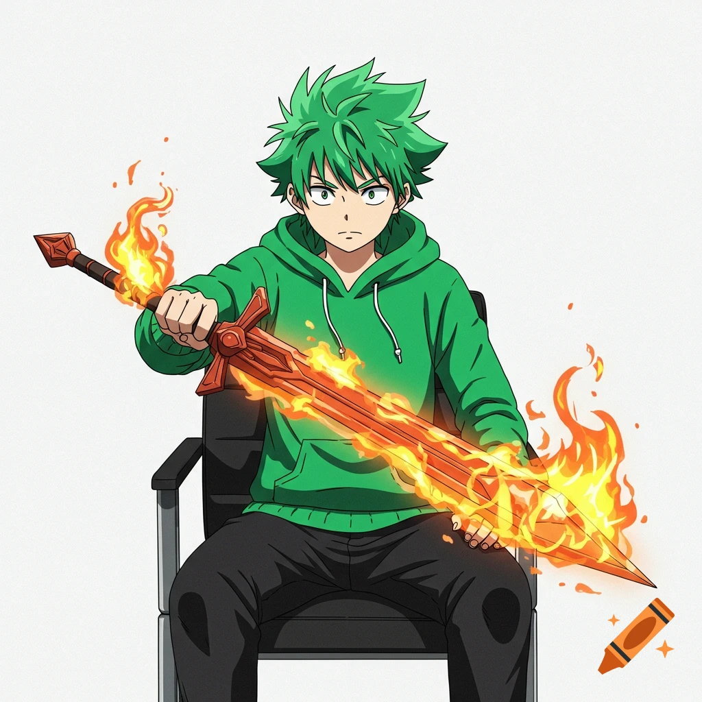 An anime boy with green hair and a green hoodie sits holding a flaming sword.
