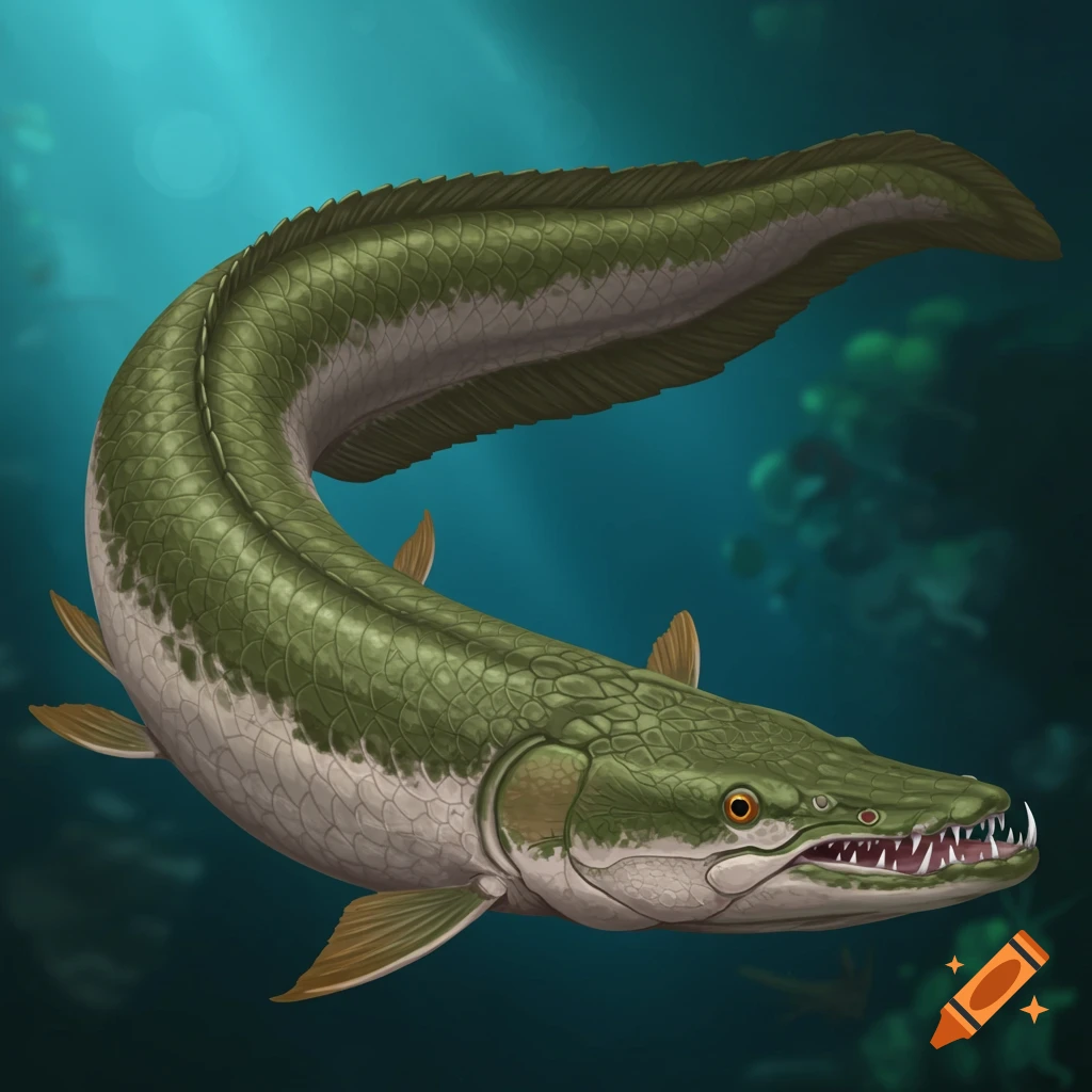 Stylized rendering of a large green armored fish with sharp teeth in water.