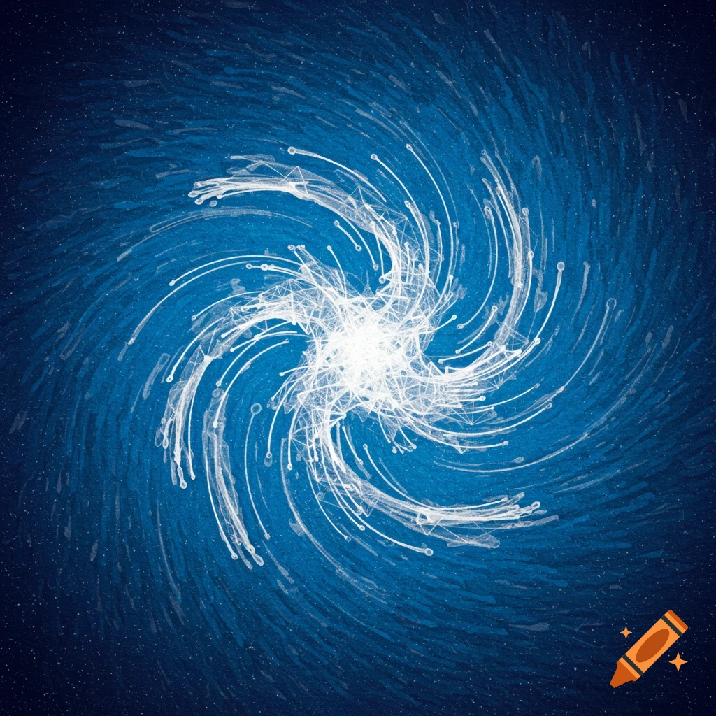 A white, swirling abstract pattern resembling data or energy on a blue background with small white dots.