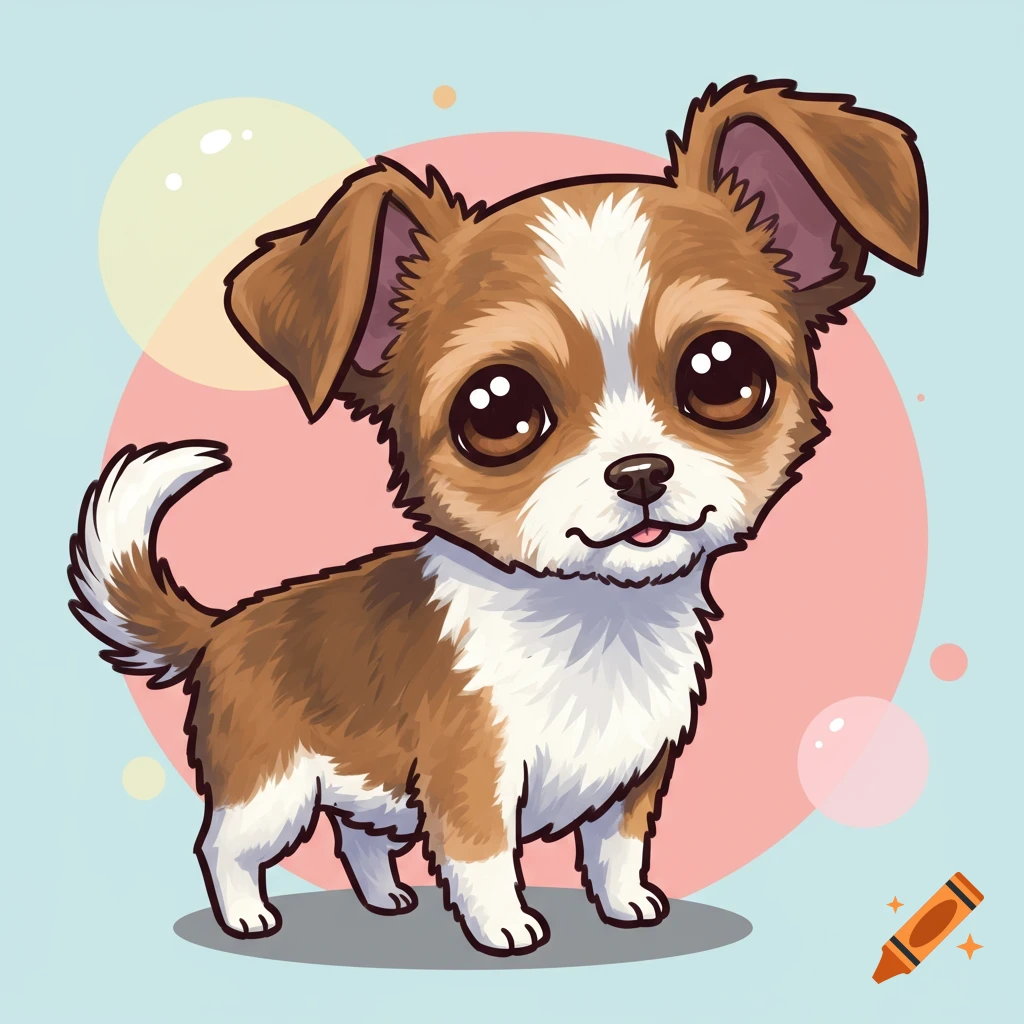 A cute cartoon chihuahua mix puppy with big eyes stands.