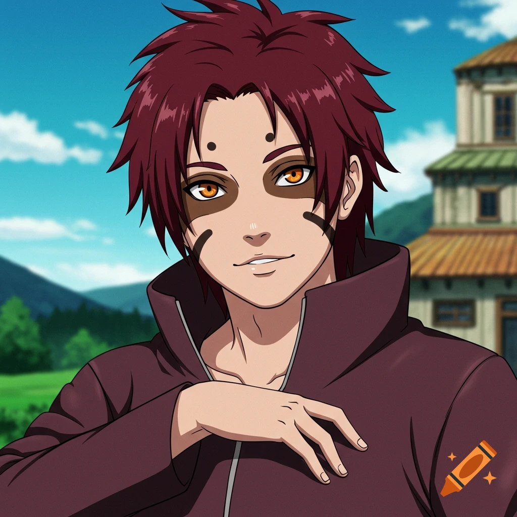 An anime character with red hair, orange eyes, and black eye markings smiles in a portrait against a rural background.