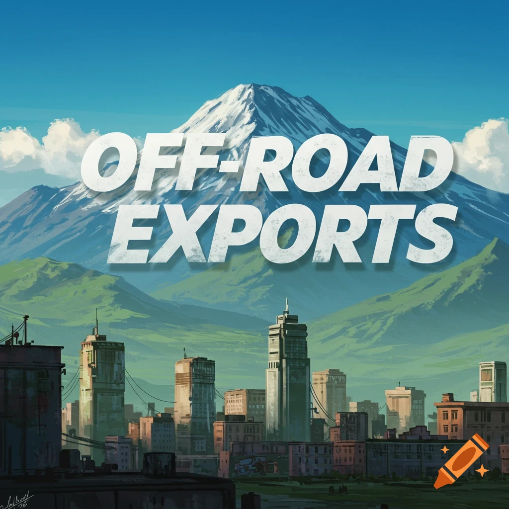 OFF-ROAD EXPORTS text over a mountain range and city skyline.