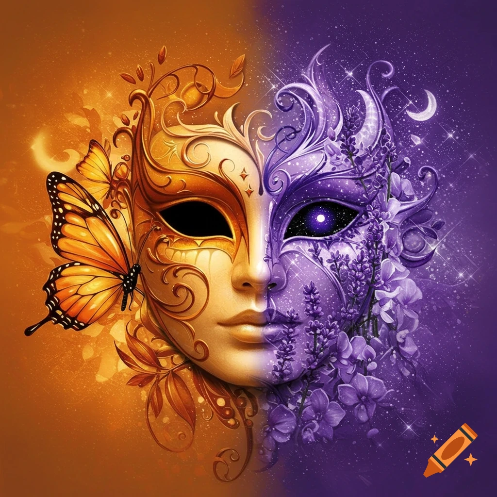 A split mask: gold with a butterfly on the warm side, purple with flowers, a moon, and stars on the cool side.