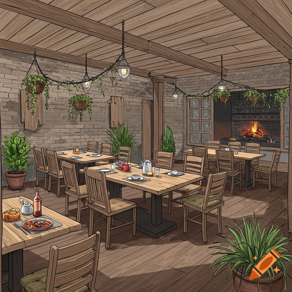 Illustration of a cozy restaurant patio with tables, chairs, plants, and a fireplace.