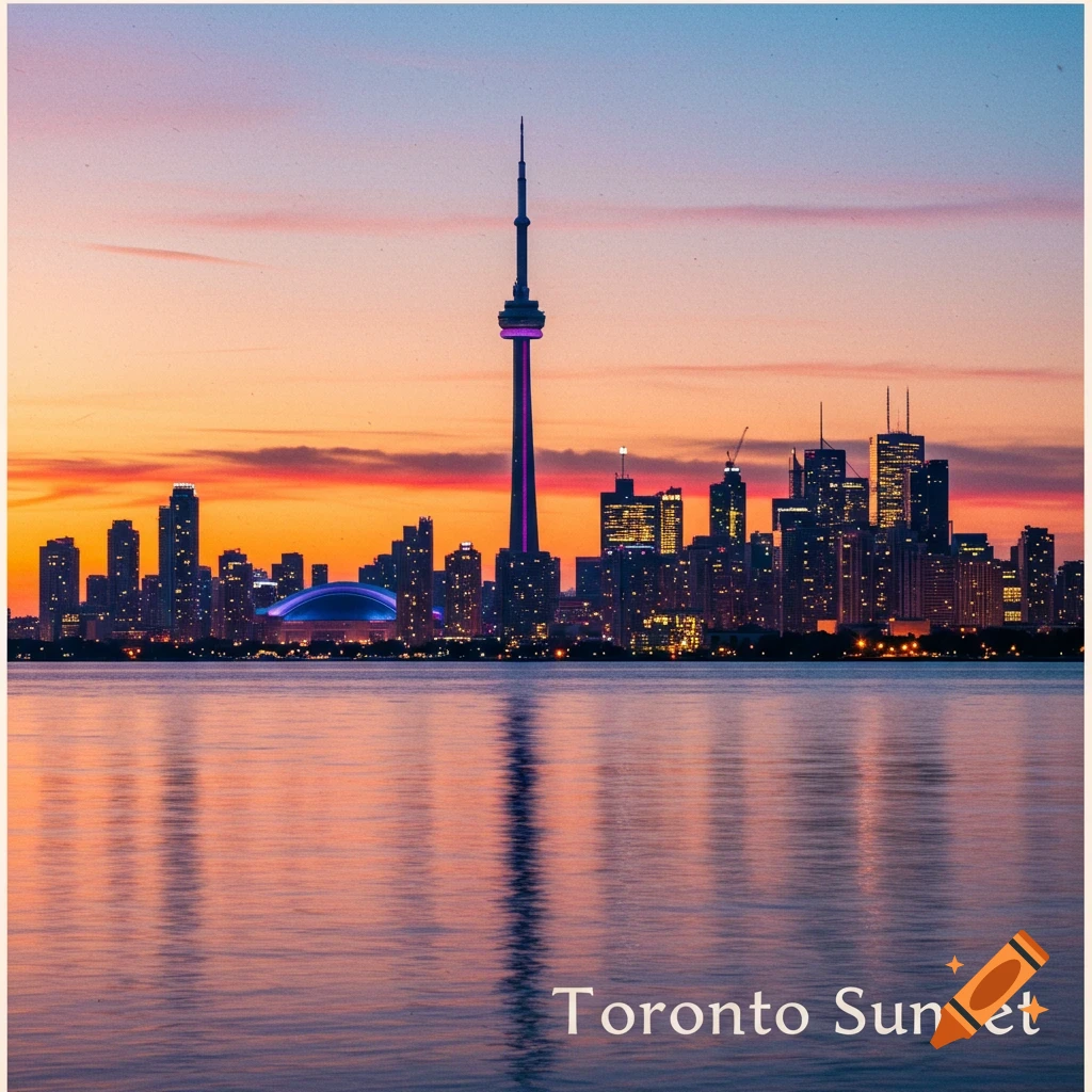Toronto skyline and CN Tower at sunset over water, in a watercolor style.