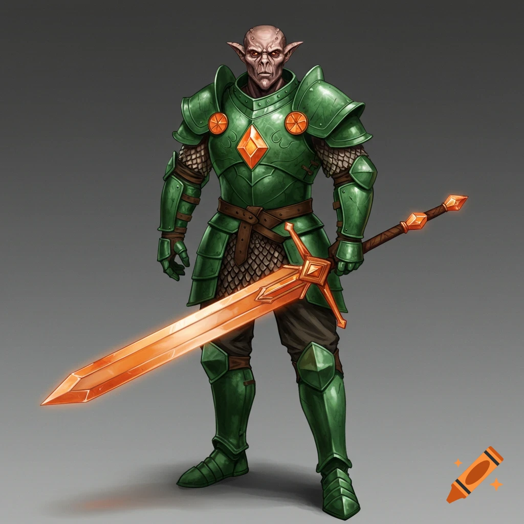 A humanoid warrior in green armor holds a longsword with an orange crystal blade.