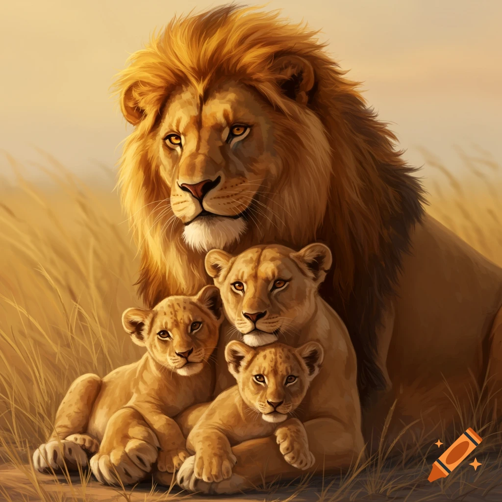 A majestic male lion, female lion, and two cubs sit together in tall grass in warm light.