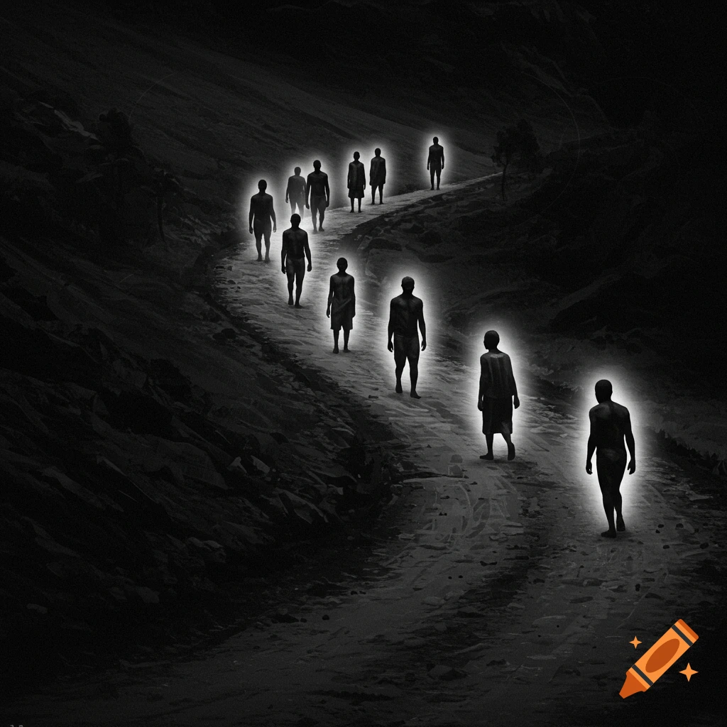 Silhouetted figures with white auras walking uphill on a dark dirt road.