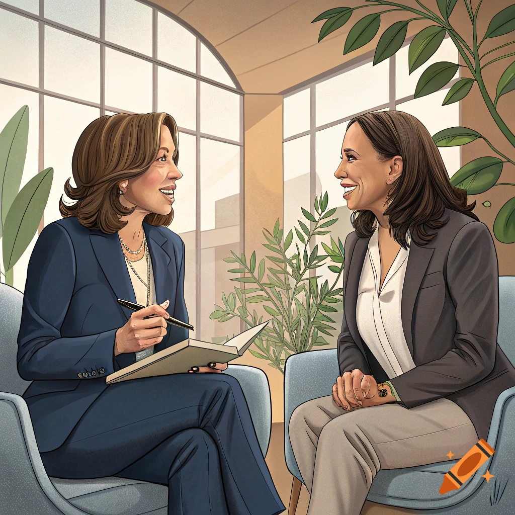 Illustration of two women talking in chairs in a room with windows and plants