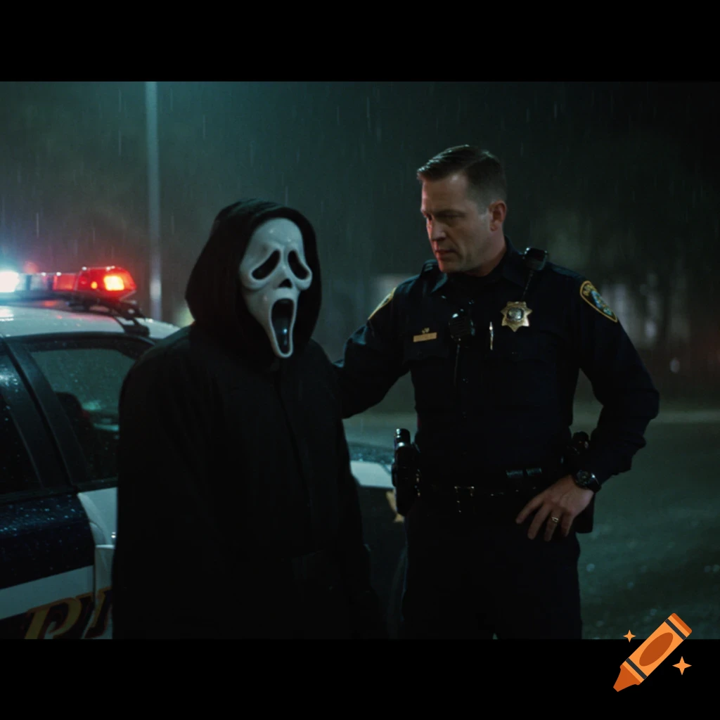 Ghostface stands beside a police officer and car in the rain.