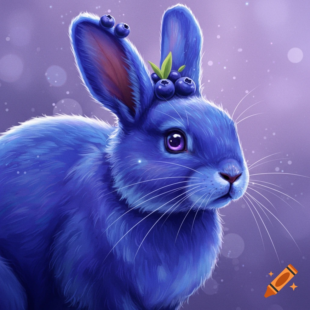 A blue rabbit with blueberries on its head.