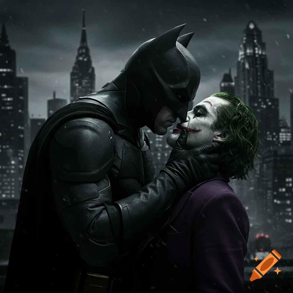 Batman and Joker in a dramatic, close pose against a city skyline.