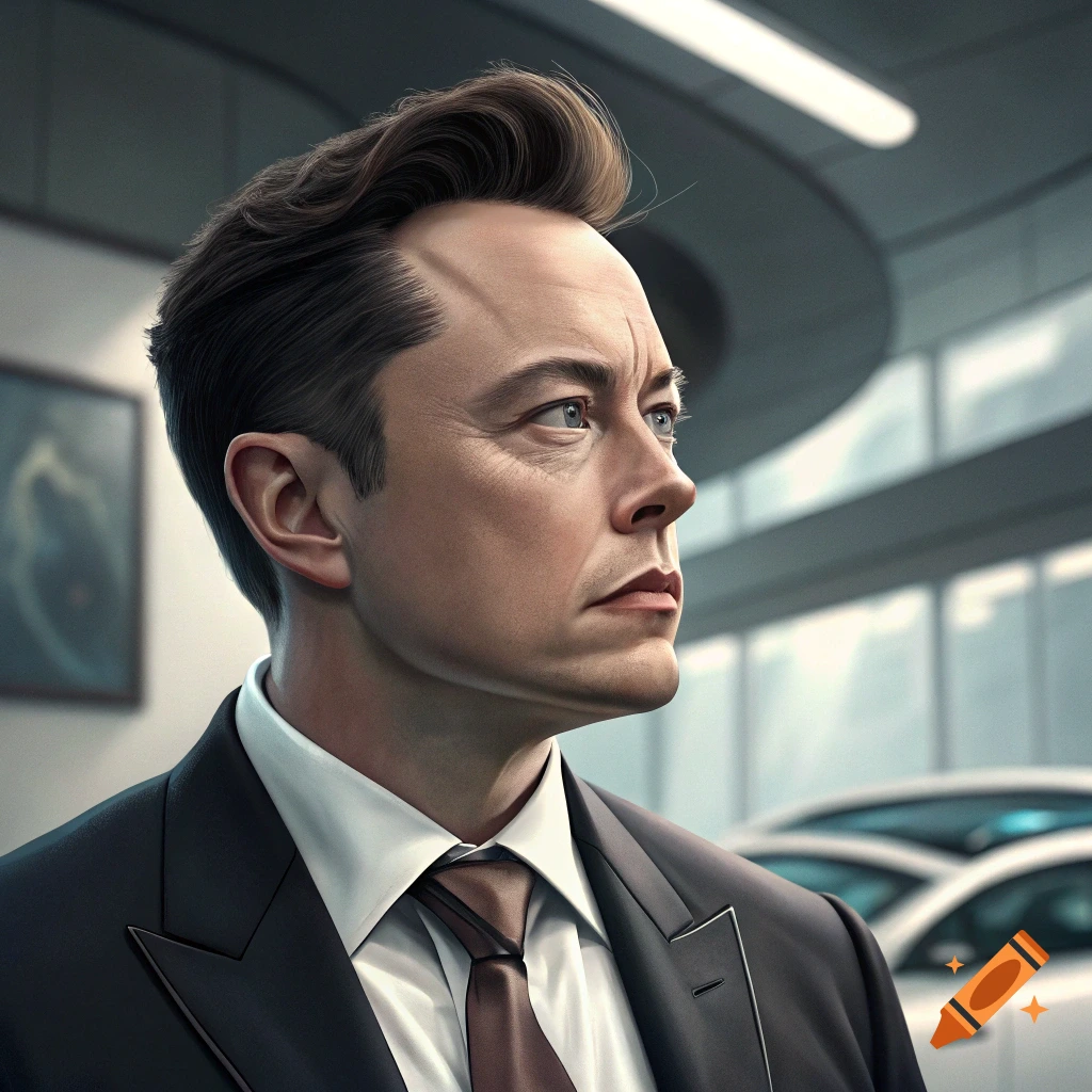 Portrait of Elon Musk in a suit looking right in an office with cars.