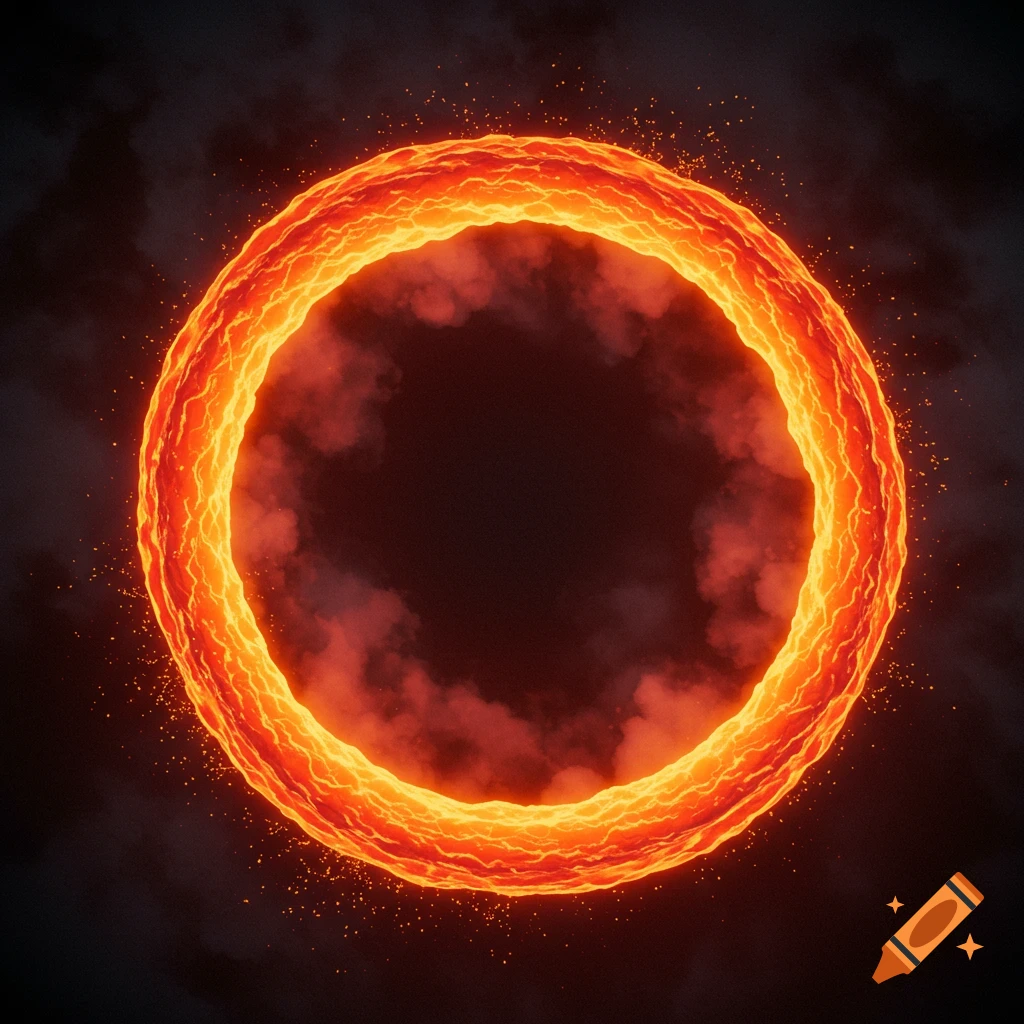 A vibrant ring of glowing orange and yellow energy with smoke and sparks on a dark background.