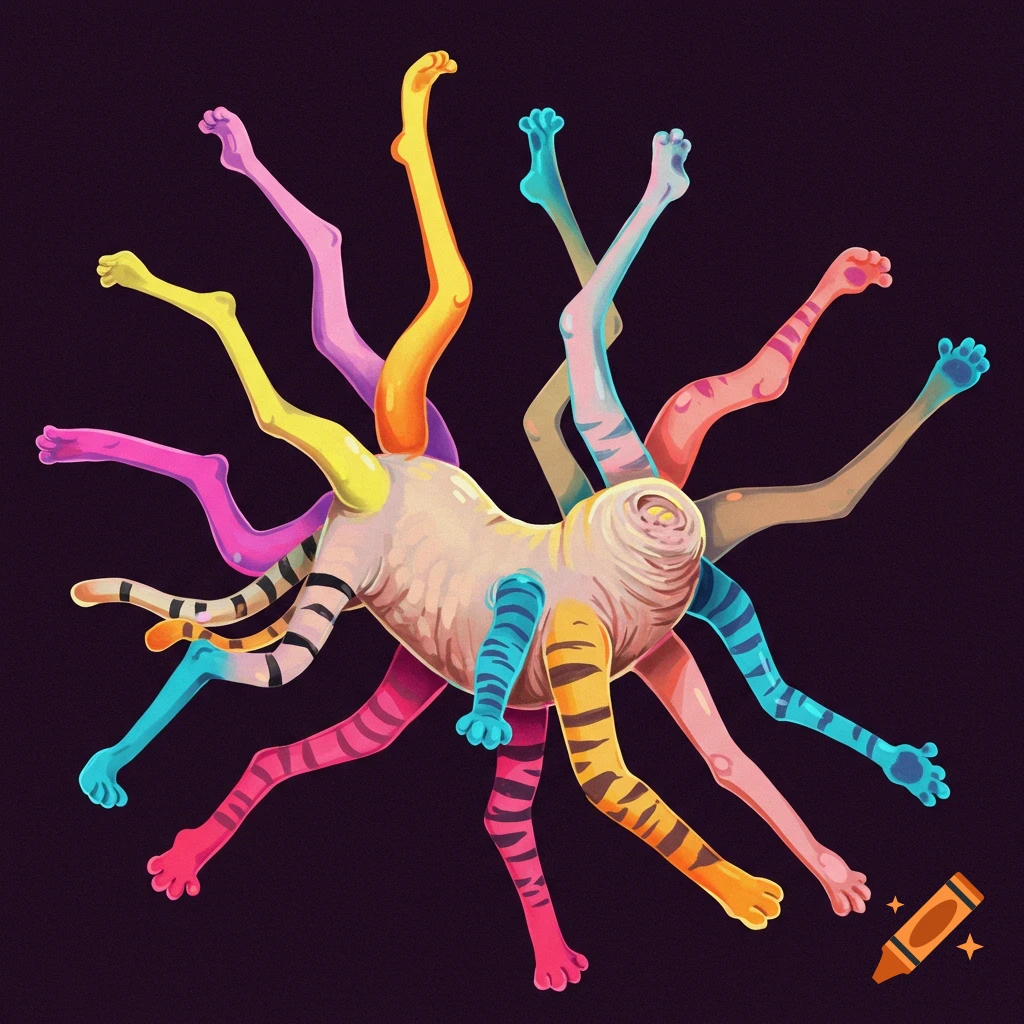 A creature with a central body and many colorful animal legs radiating outwards.