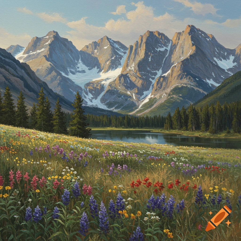 A painting of mountains overlooking a lake and a field of colorful wildflowers.