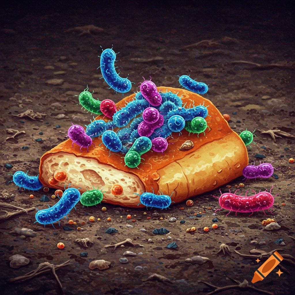 Colorful bacteria on a piece of bread on the ground