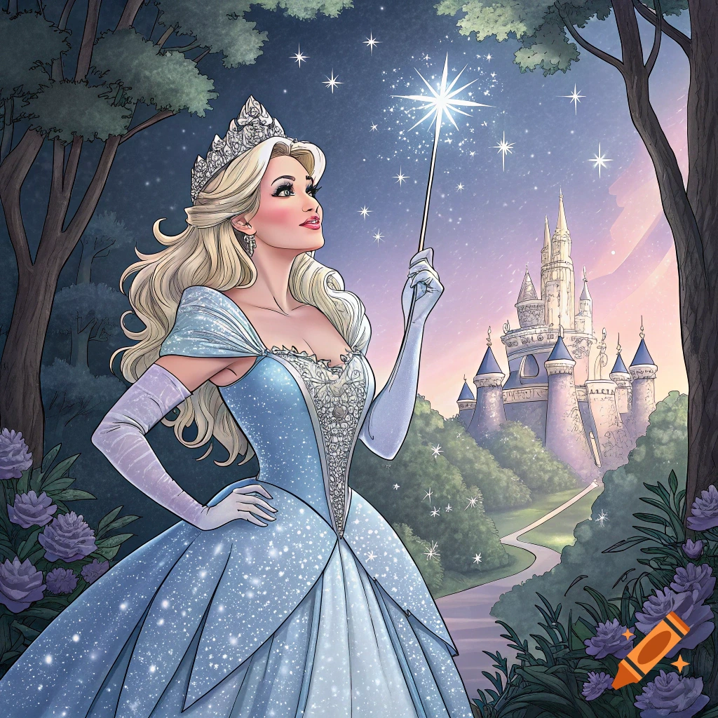A blonde princess in a sparkling blue gown holds a magic wand, looking up at stars near a forest and castle.