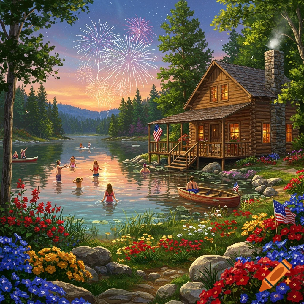 A cabin by a lake with people swimming and fireworks overhead on the 4th of July.