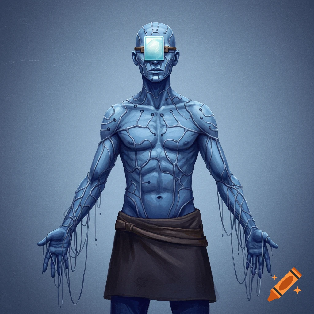 A blue cybernetic humanoid figure with wire patterns and an object over its eyes, wearing a skirt.