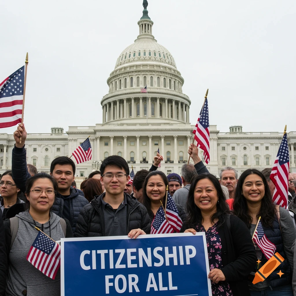 A diverse group holds American flags and a "Citizenship for All" sign in front of the US Capitol building.