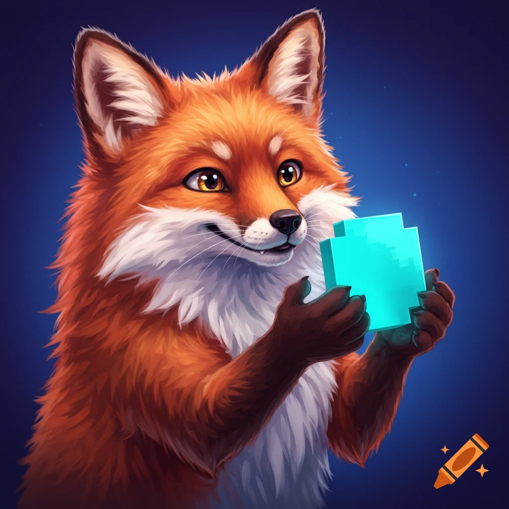 A smiling fox holding a glowing pixel shape