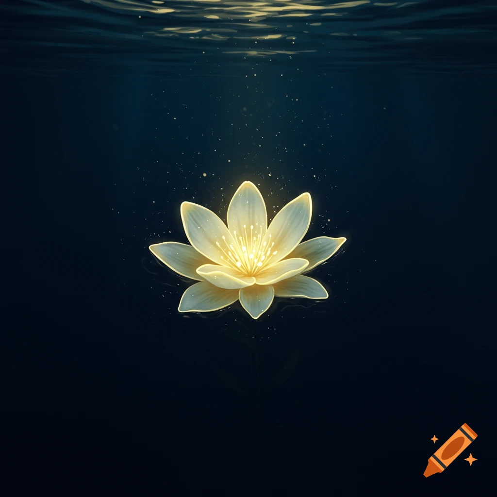 A glowing lotus flower floats on dark water, illuminated from above.