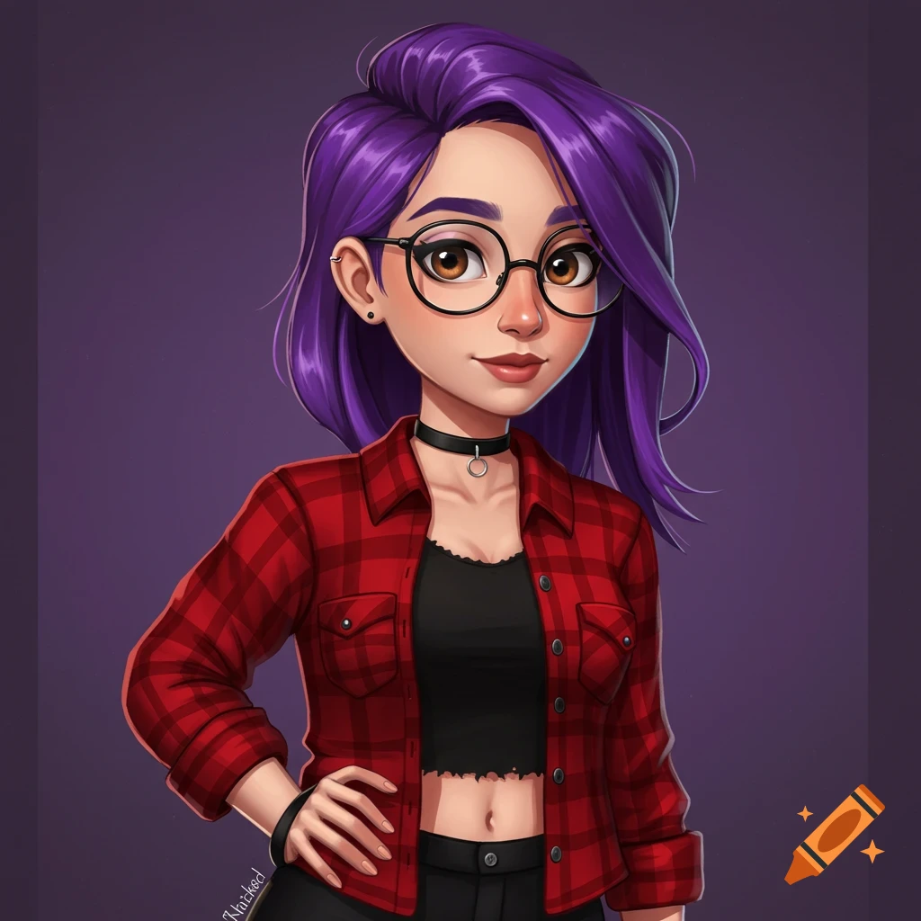 Stylized illustration of a woman with purple hair and glasses wearing a red flannel and black crop top.