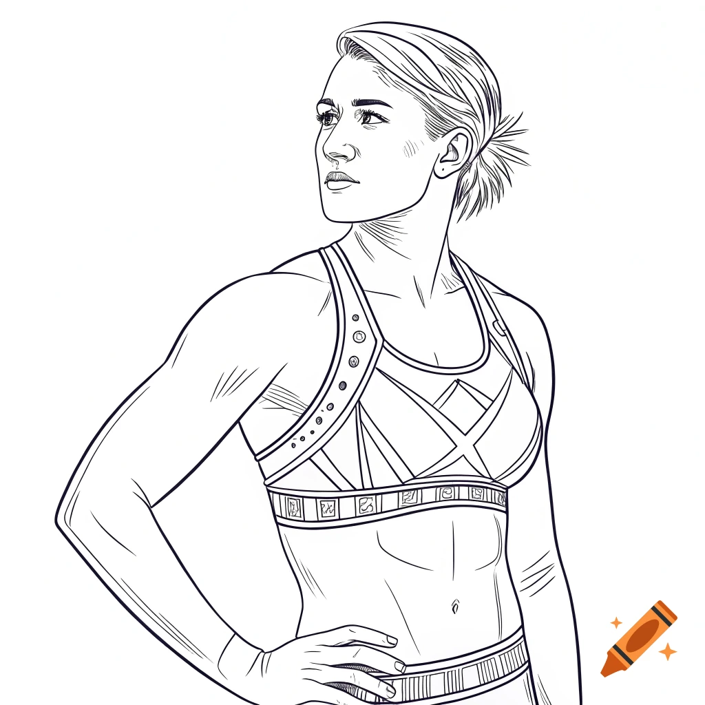 Black and white line drawing of a woman in athletic wear, looking left, hand on hip.