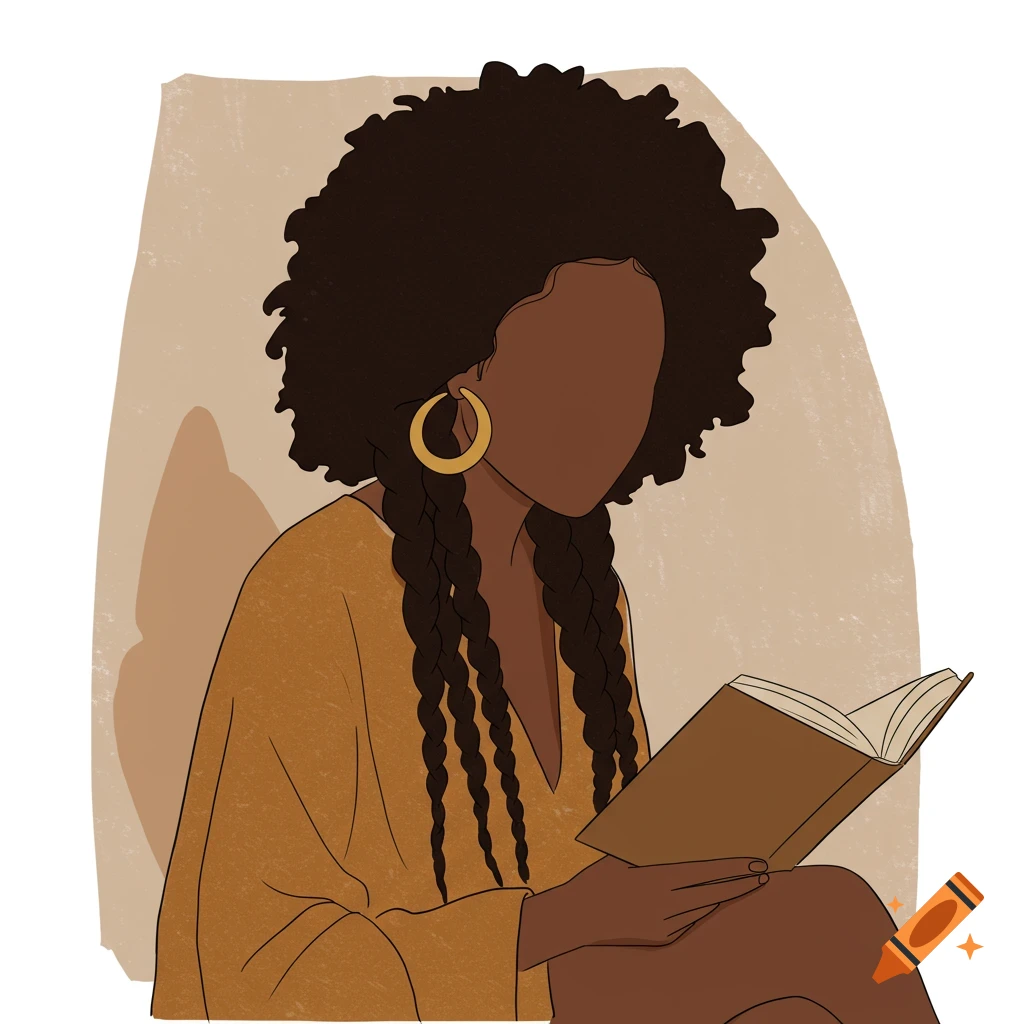 Minimalist illustration of a woman with afro and braids reading a book.