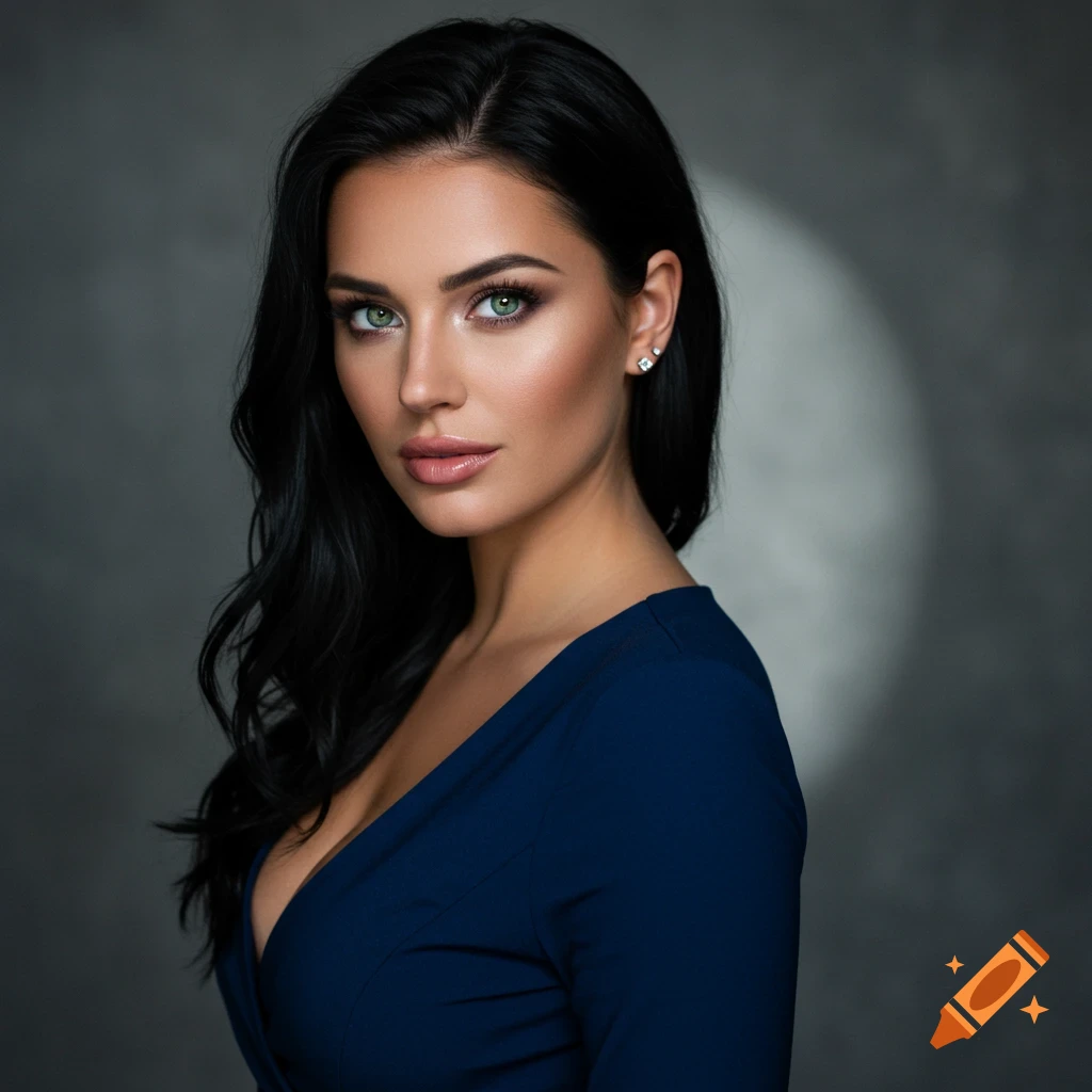 Close-up portrait of a woman with green eyes and black hair in a blue dress