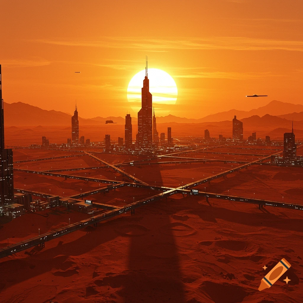 A futuristic city with skyscrapers and elevated highways on Mars during an orange sunset.