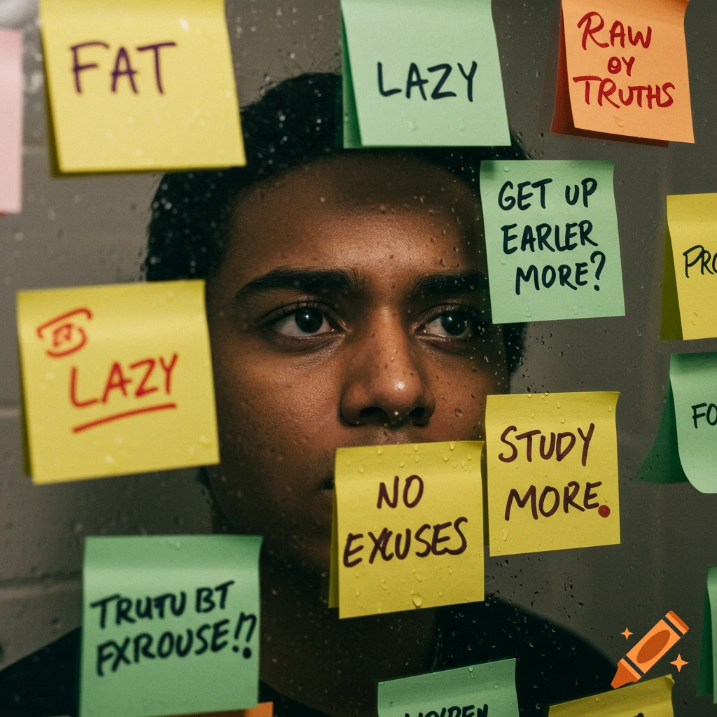 Close-up photo of a person looking at post-it notes with messages like 'LAZY' and 'STUDY MORE' on a wet surface.