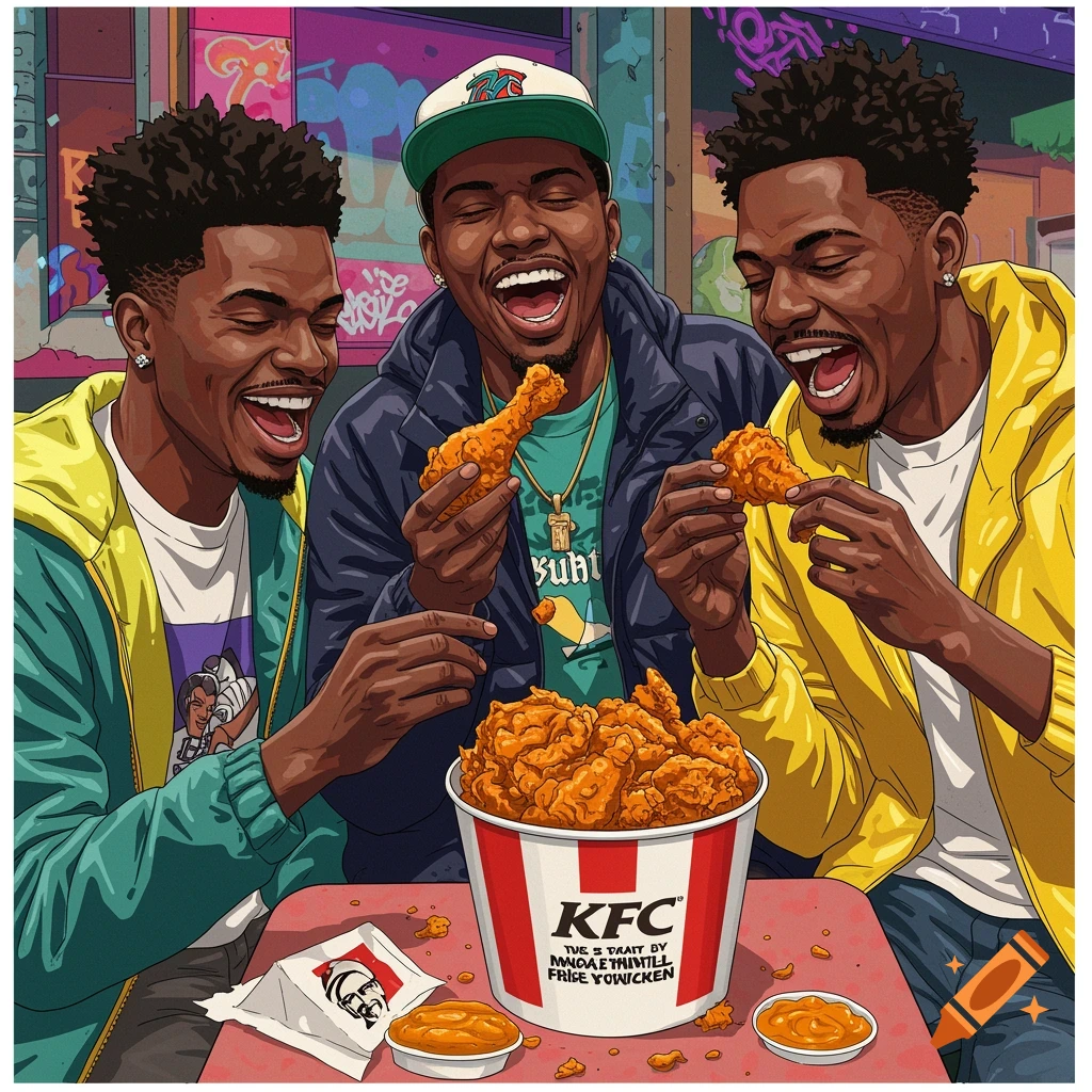 Pop art depiction of three young Black men laughing and eating fried chicken from a KFC bucket in an urban setting.
