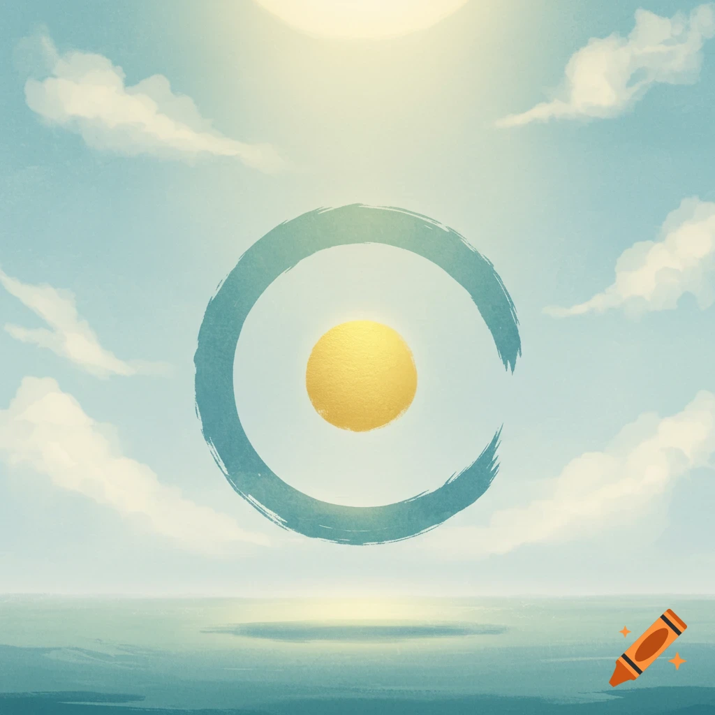 A blue brushstroke enso circle with a gold center floats over a calm sea beneath a bright sky with clouds.