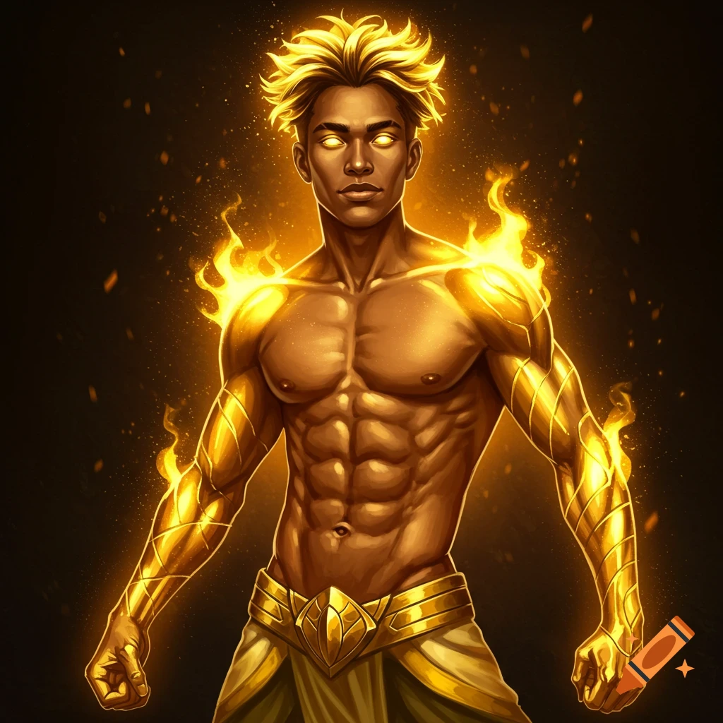 A muscular man with glowing golden arms, eyes, and hair, surrounded by golden particles.