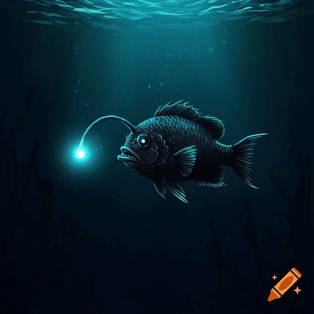 An angler fish in the deep sea with its lure lit.