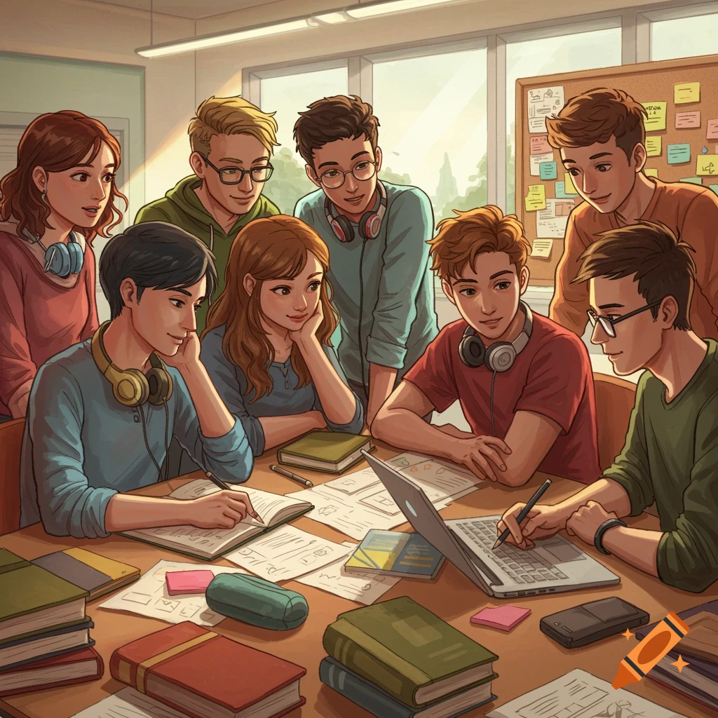 Illustrative scene of diverse students collaborating around a table in a brightly lit classroom.