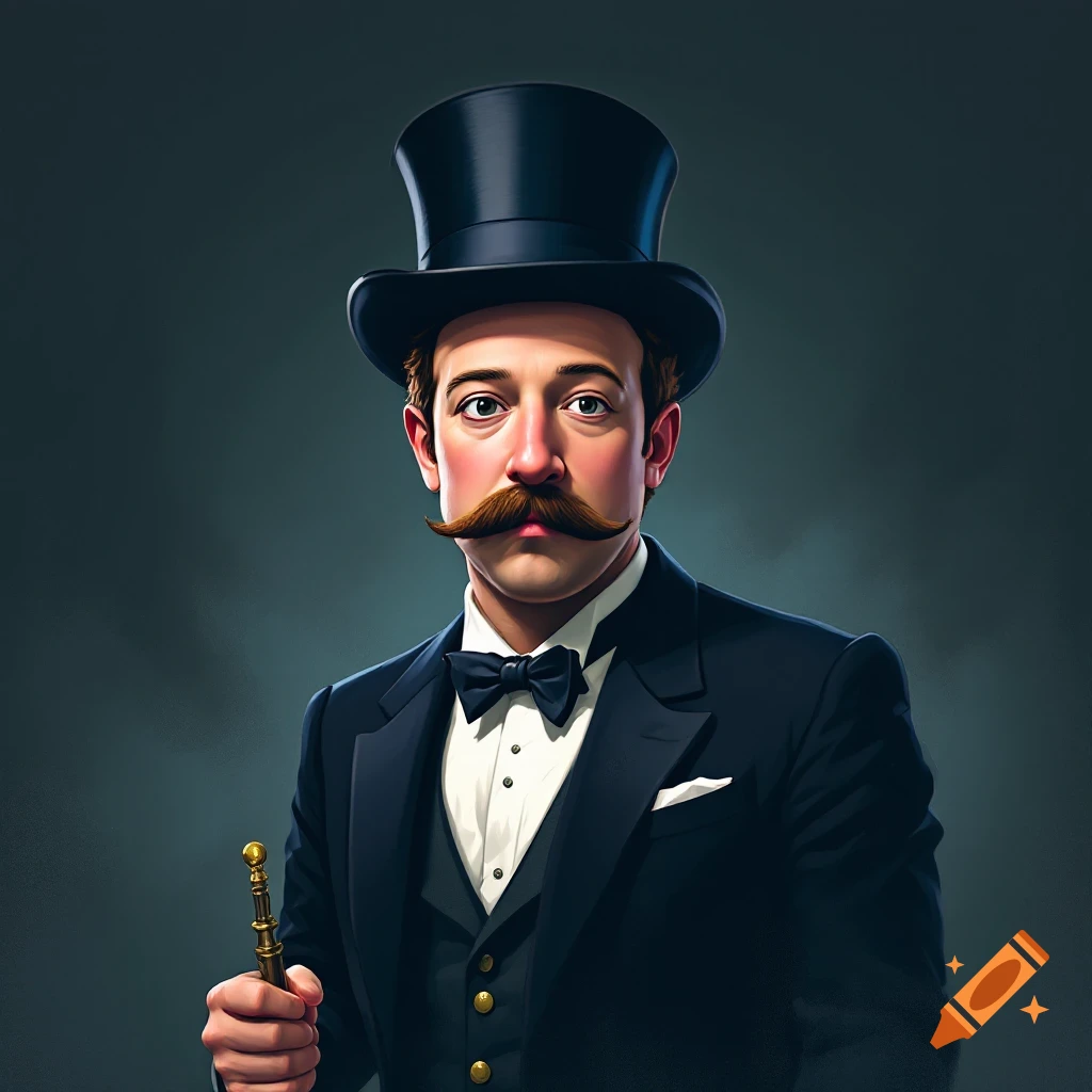 Image of a man resembling the Monopoly Man wearing a top hat, suit, and mustache, holding a cane.