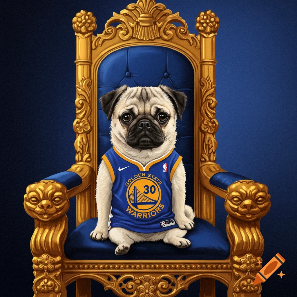a pug in a Golden State Warriors jersey on a golden throne.