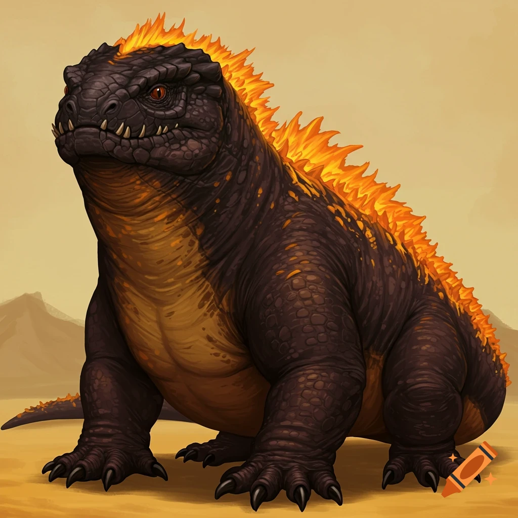 A dark fantasy creature with orange fiery spikes on its back in a desert.
