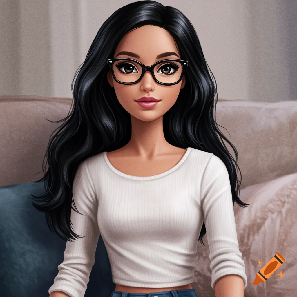 A stylized image of a woman with black hair and glasses wearing a white shirt, sitting on a couch.