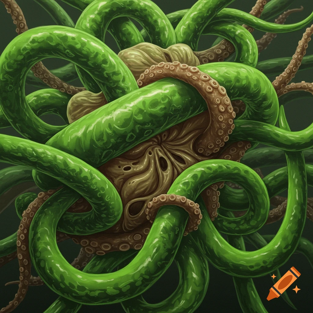 Many green tentacles wrapped around a brown octopus body.
