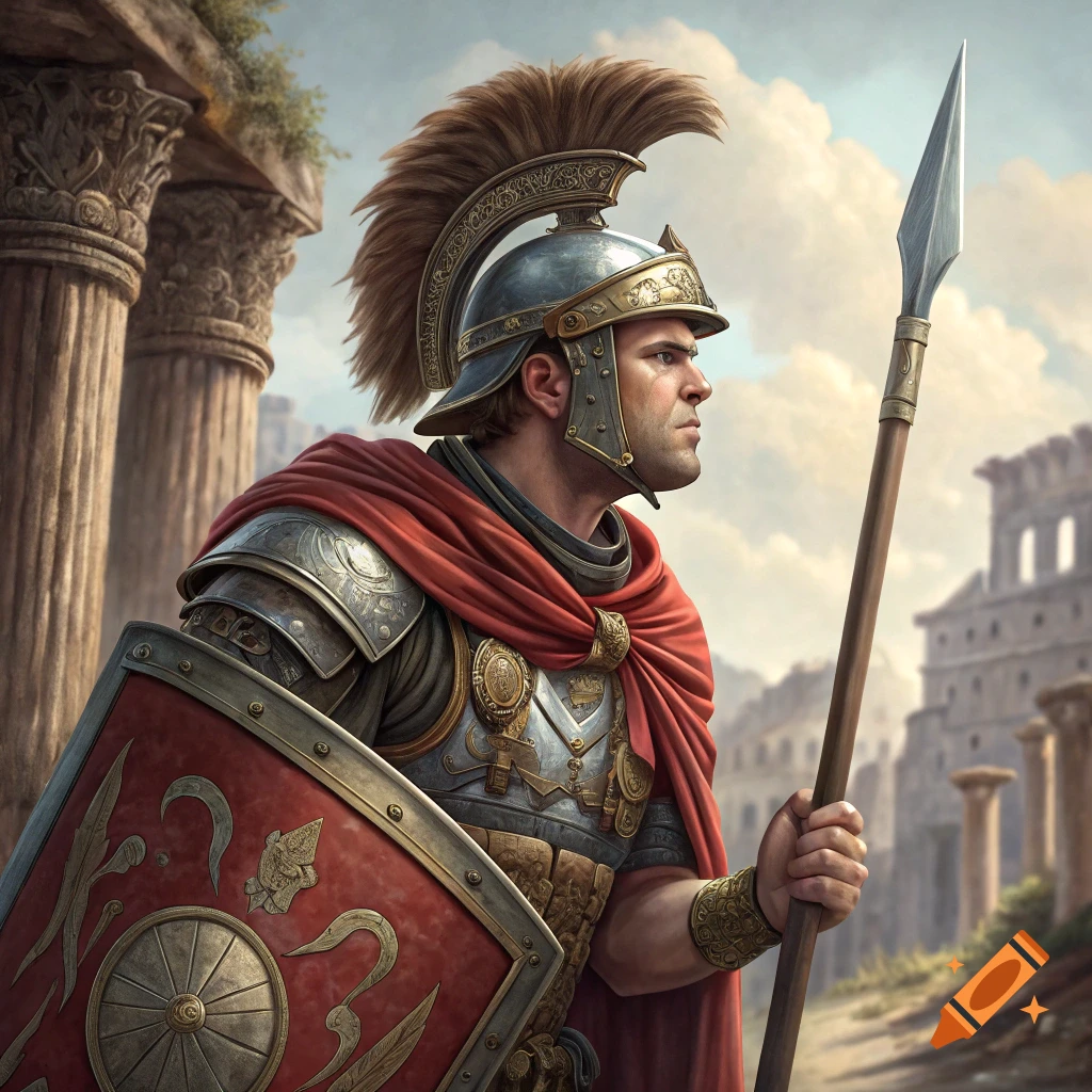 A Roman soldier in full armor, holding a spear and shield, stands among ancient ruins under a cloudy sky.