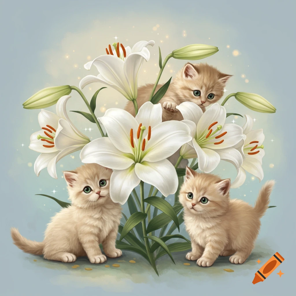 Three kittens peeking among white lilies.