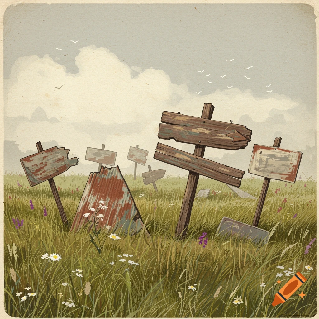 Dilapidated wooden signs in a field of tall grass and flowers under a cloudy sky.
