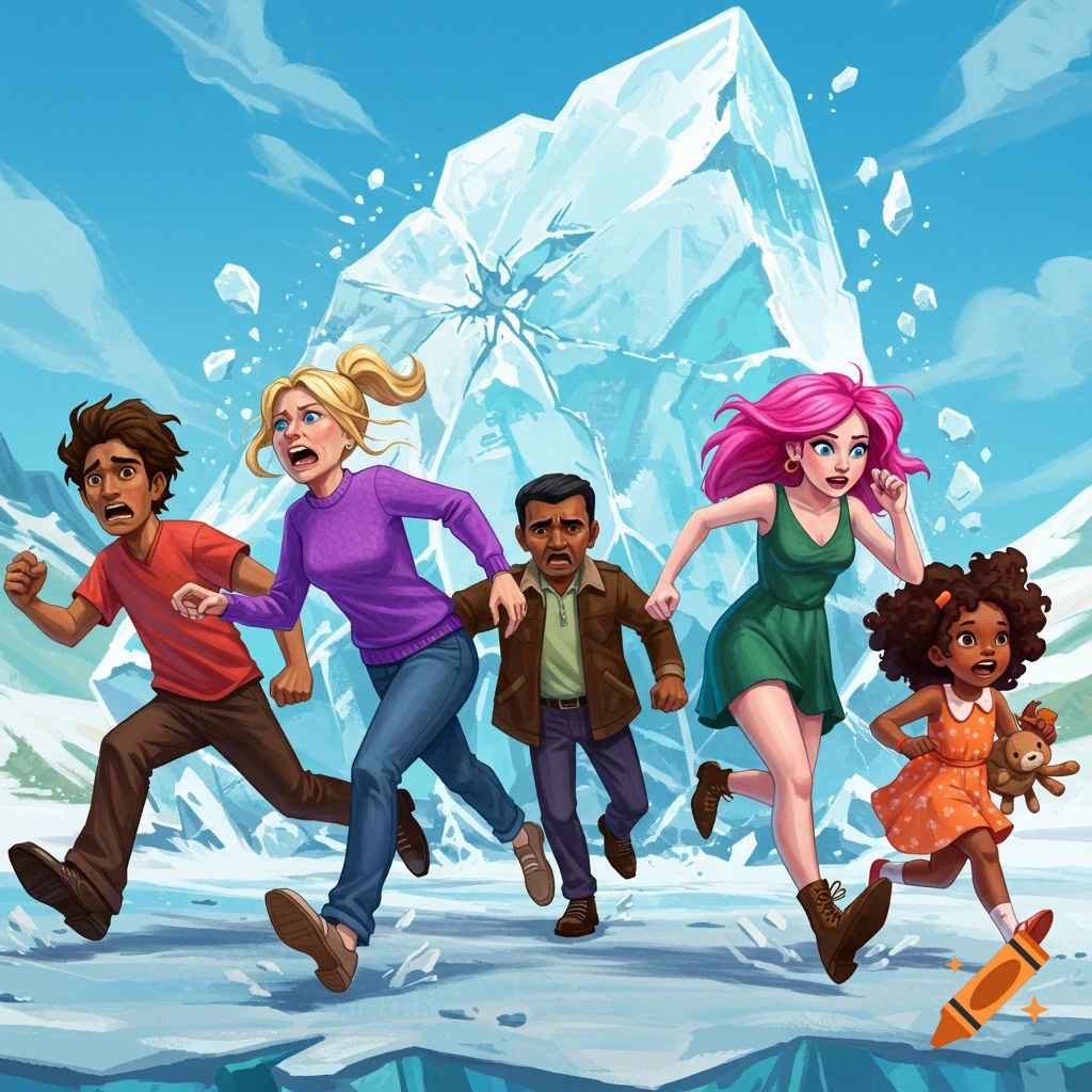 Digital illustration of five people running scared from a cracking ice mountain in a snowy landscape.