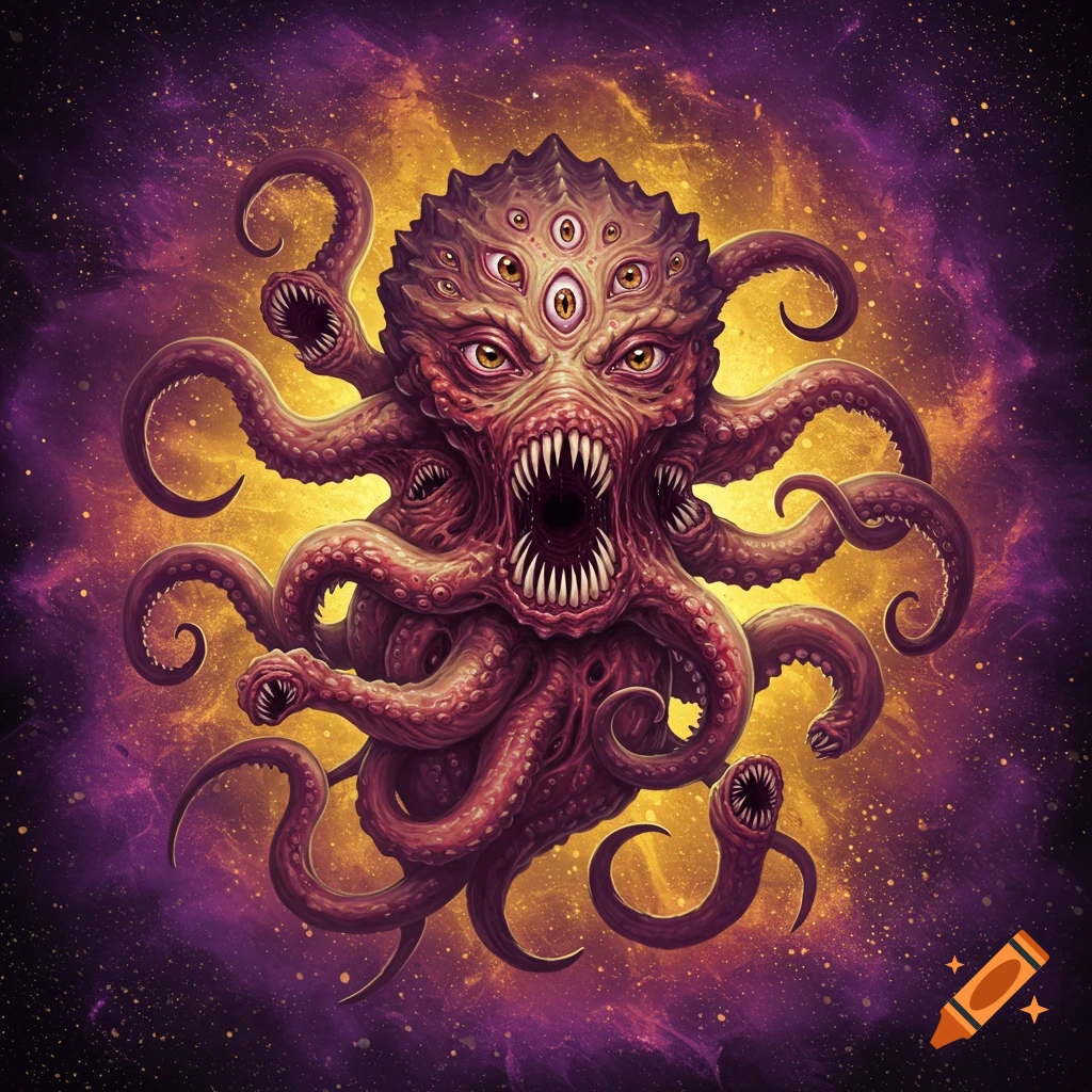 A many-eyed, tentacled eldritch monster with sharp teeth in a space-like background.