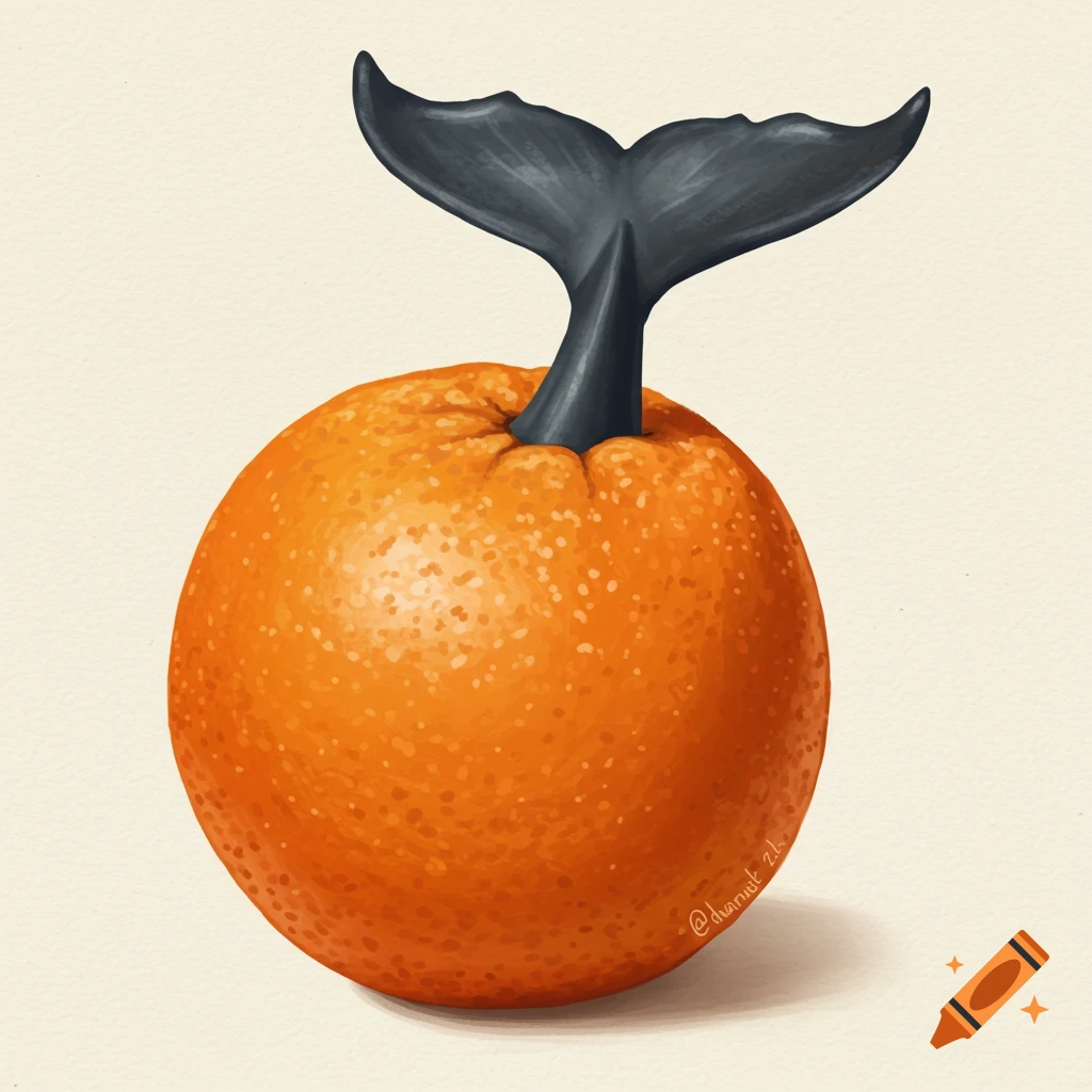 An orange with a whale tail sticking out of the top.