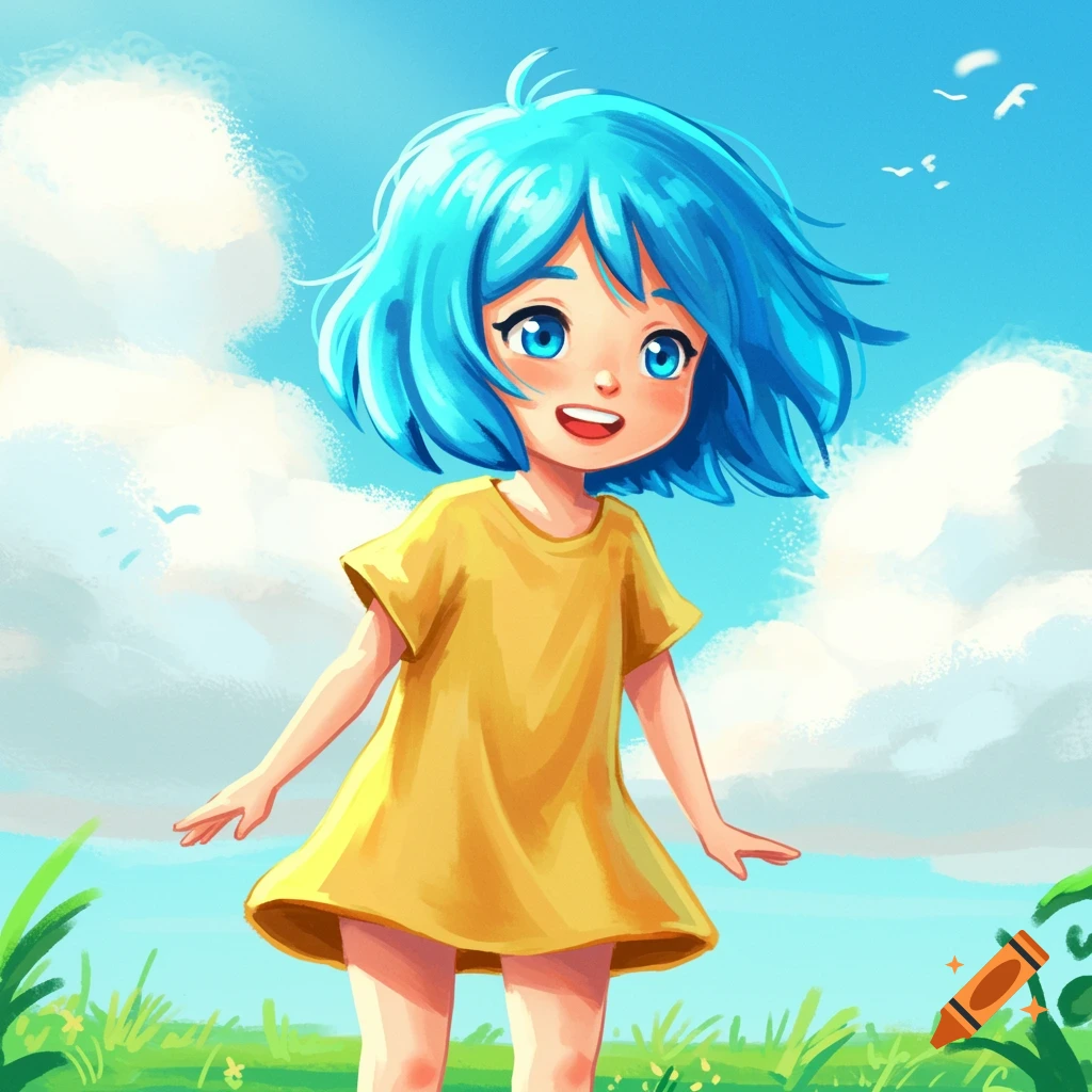 a cartoon girl with blue hair and yellow dress standing in a grassy field under a blue sky.